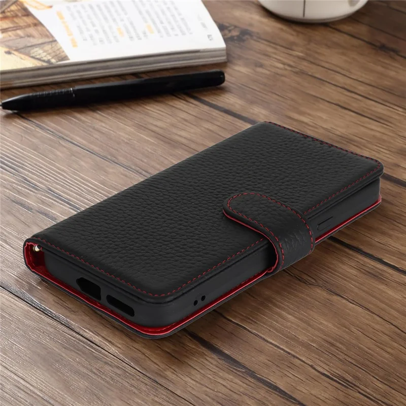 For Google Pixel 9a Stand Case Litchi Texture Genuine Cow Leather Wallet Phone Cover RFID Blocking - Black / Red