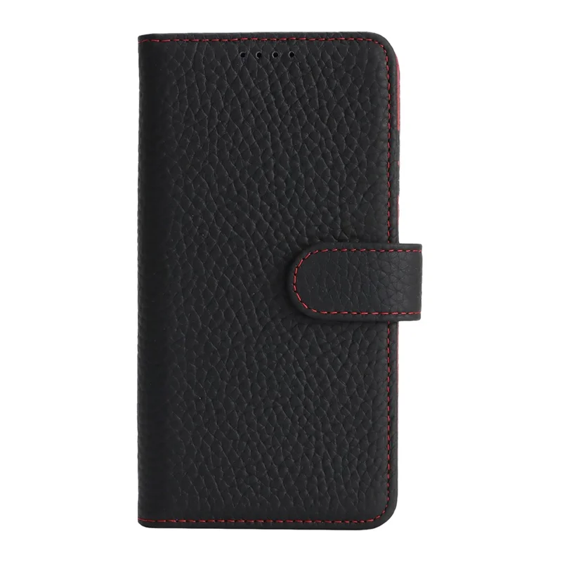 For Google Pixel 9a Stand Case Litchi Texture Genuine Cow Leather Wallet Phone Cover RFID Blocking - Black / Red