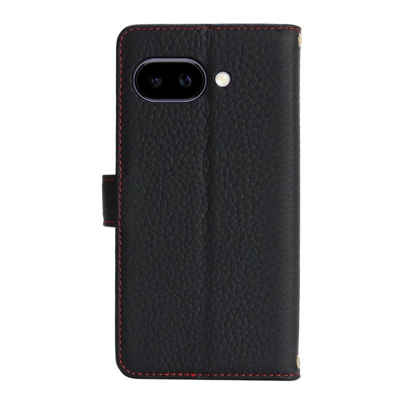 For Google Pixel 9a Stand Case Litchi Texture Genuine Cow Leather Wallet Phone Cover RFID Blocking - Black / Red