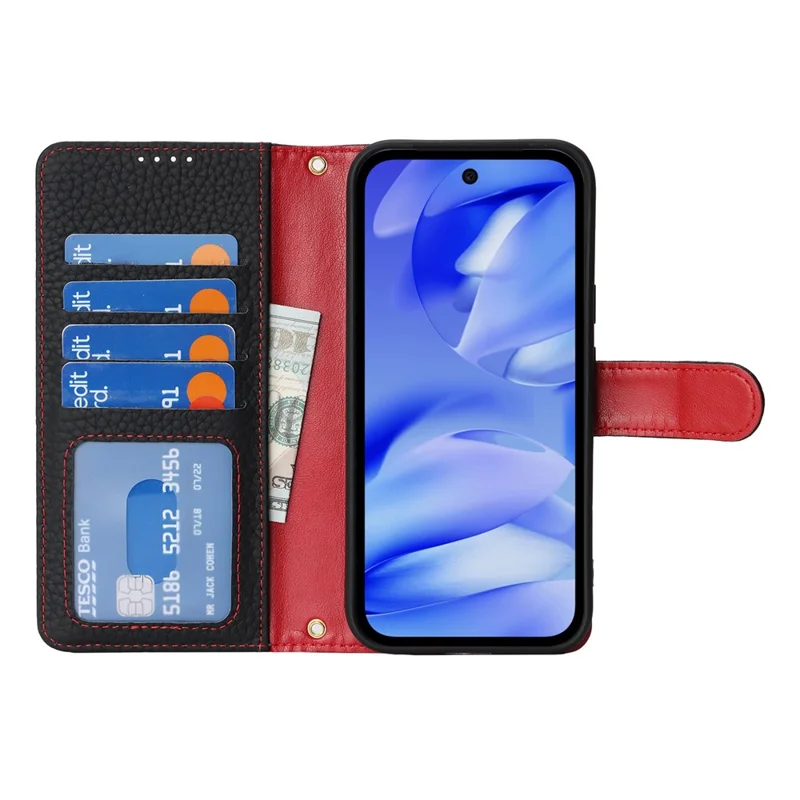 For Google Pixel 9a Stand Case Litchi Texture Genuine Cow Leather Wallet Phone Cover RFID Blocking - Black / Red