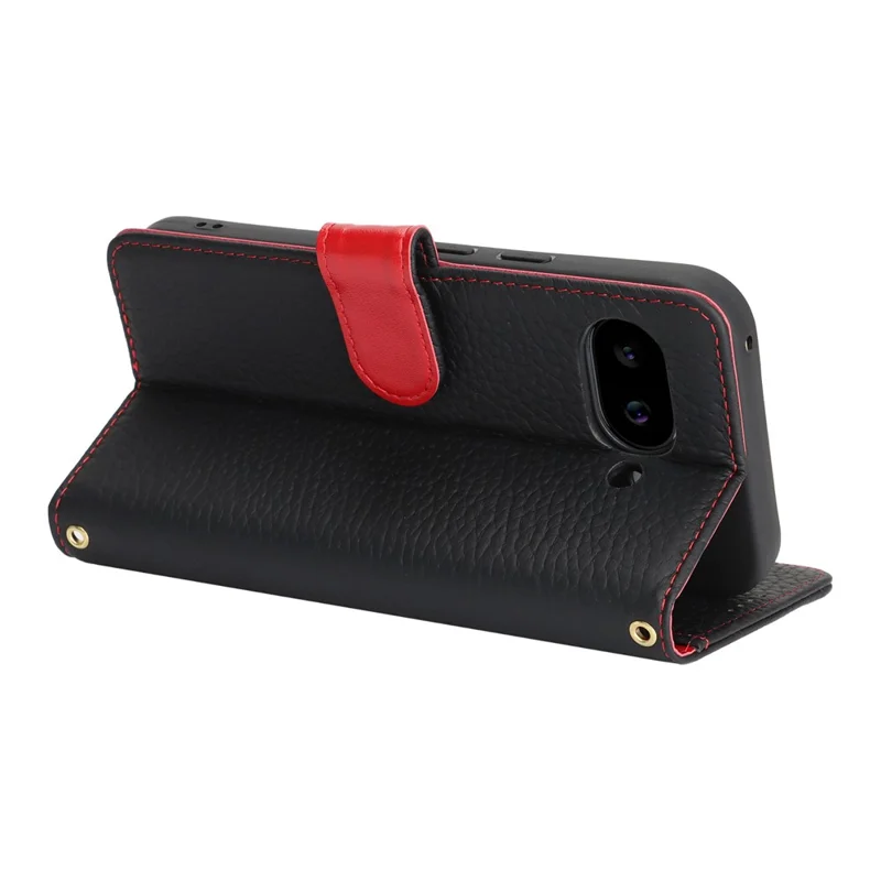 For Google Pixel 9a Stand Case Litchi Texture Genuine Cow Leather Wallet Phone Cover RFID Blocking - Black / Red