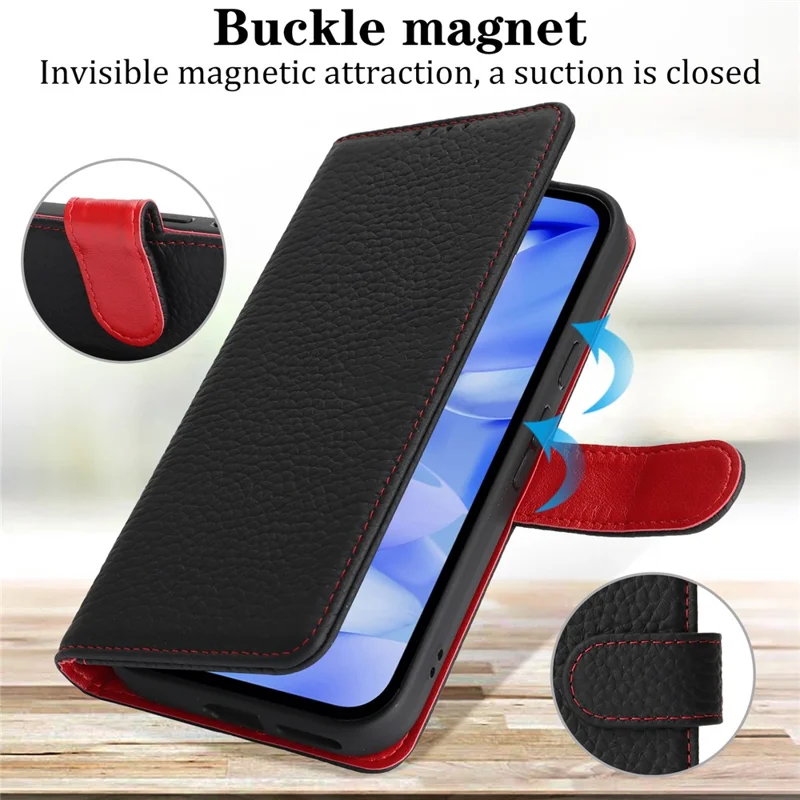 For Google Pixel 9a Stand Case Litchi Texture Genuine Cow Leather Wallet Phone Cover RFID Blocking - Black / Red
