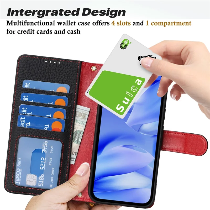 For Google Pixel 9a Stand Case Litchi Texture Genuine Cow Leather Wallet Phone Cover RFID Blocking - Black / Red