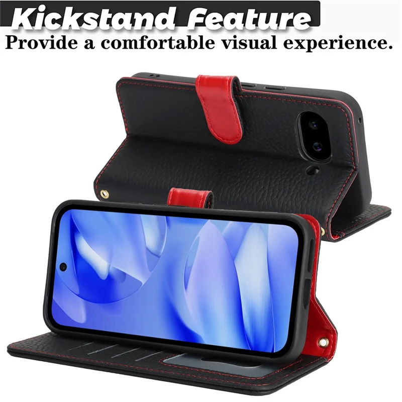 For Google Pixel 9a Stand Case Litchi Texture Genuine Cow Leather Wallet Phone Cover RFID Blocking - Black / Red
