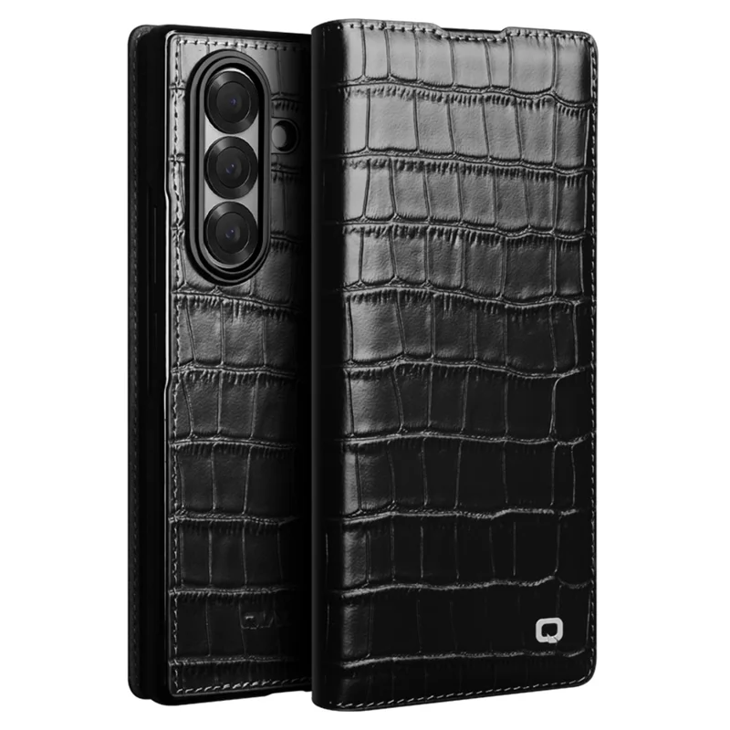 QIALINO Per Samsung Galaxy Z Fold7 5G Custodia Texture Coccodrillo Vera Pelle Bovina Flip Phone Cover - Nero
