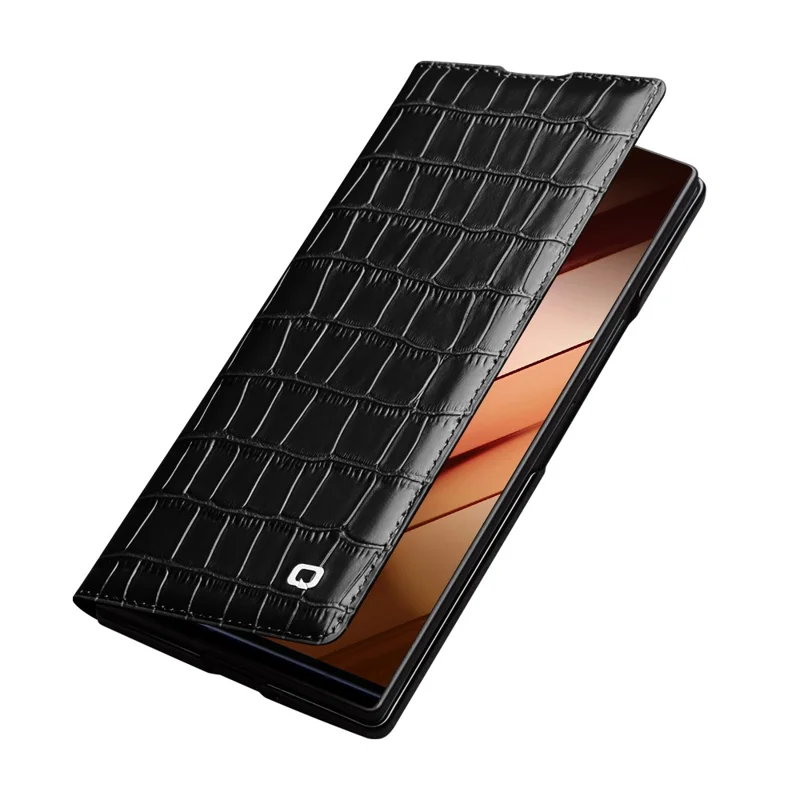 QIALINO Per Samsung Galaxy Z Fold7 5G Custodia Texture Coccodrillo Vera Pelle Bovina Flip Phone Cover - Nero