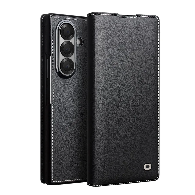 QIALINO Per Samsung Galaxy Z Fold7 5G Custodia Vera Pelle di Mucca Flip Phone Cover, Nero