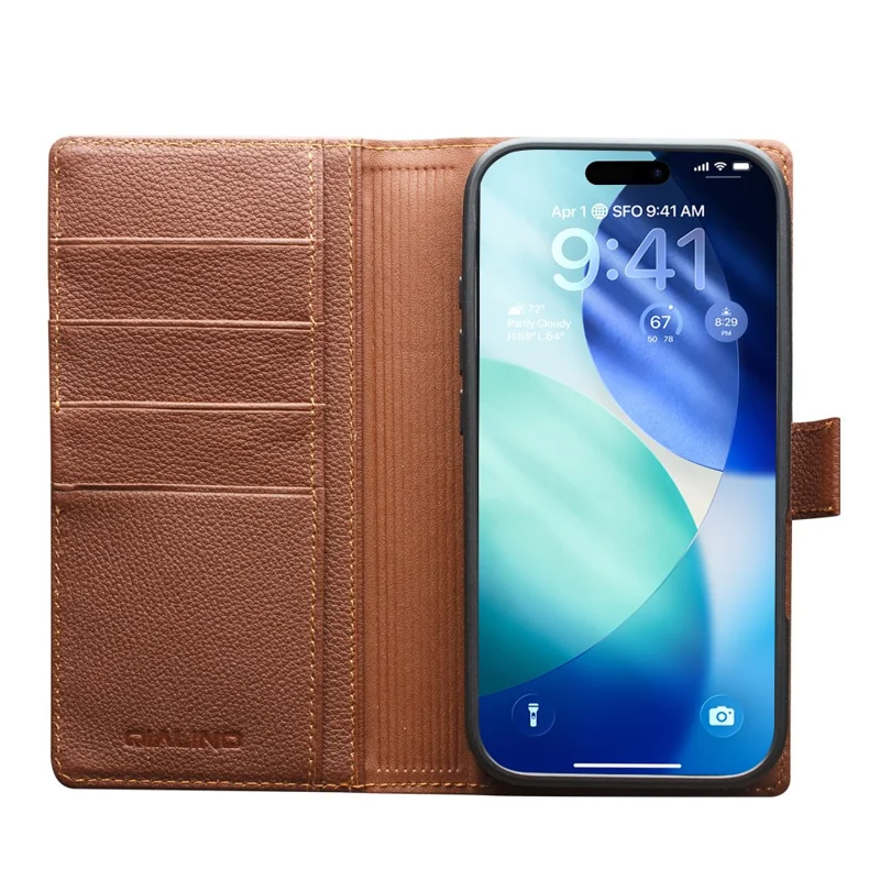 QIALINO For iPhone 17 Pro Max Detachable Wallet Case Compatible with MagSafe Genuine Cow Leather Phone Cover - Brown