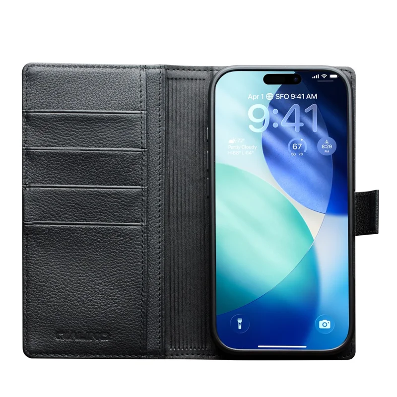 QIALINO Funda para iPhone 17 Pro Compatible con MagSafe Cartera de Cuero Genuino de Vaca Desmontable - Negro