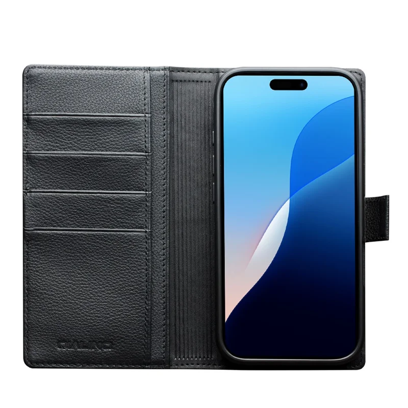 QIALINO For iPhone Air Case Compatible with MagSafe Detachable Genuine Cow Leather Wallet Phone Cover - Black