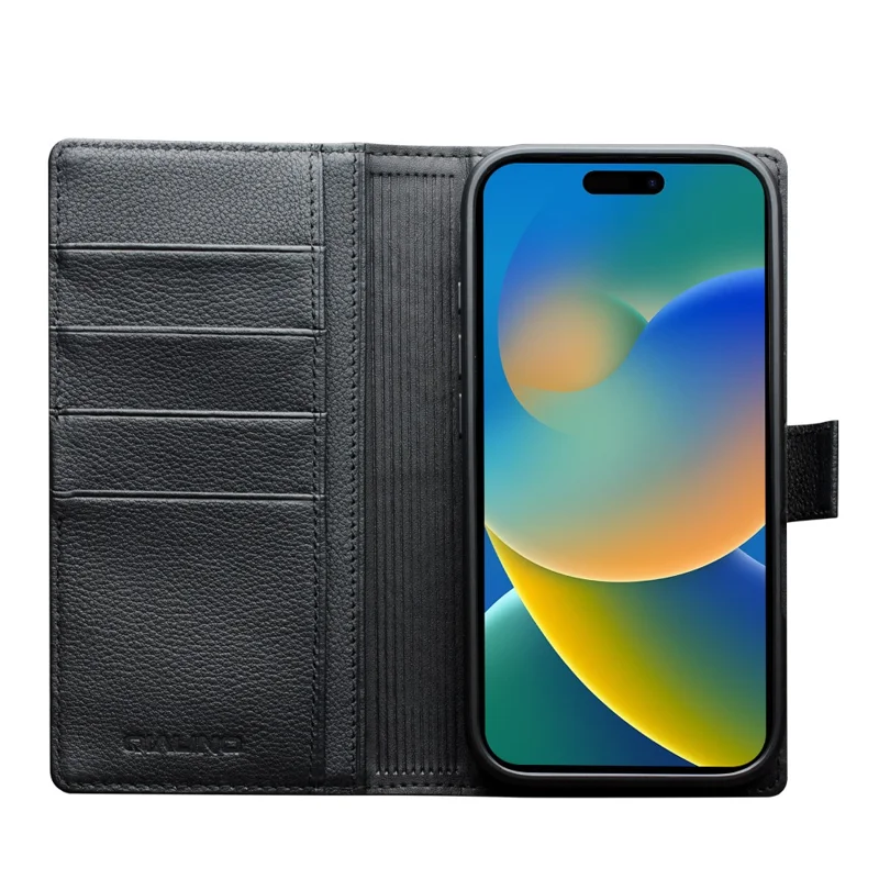 QIALINO Funda para iPhone 17 Compatible con MagSafe Cartera de Cuero Genuino de Vaca Desmontable - Negro