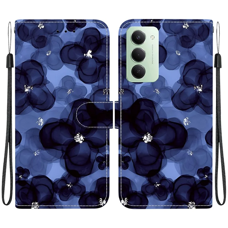 For Xiaomi Redmi 15 4G (EU) (171mm) Wallet Case Pattern Printing Leather Stand Phone Cover with Strap - Ink Blue Flower