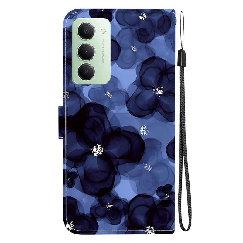 For Xiaomi Redmi 15 4G (EU) (171mm) Wallet Case Pattern Printing Leather Stand Phone Cover with Strap - Ink Blue Flower