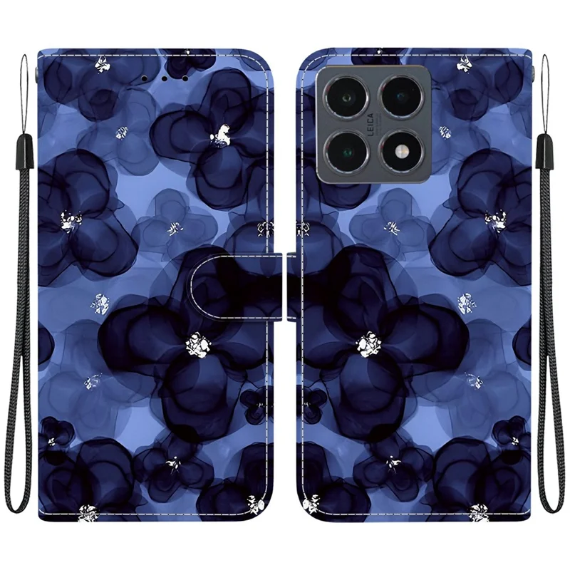 For Xiaomi 15T Wallet Case Pattern Printing Leather Stand Phone Cover with Strap - Ink Blue Flower