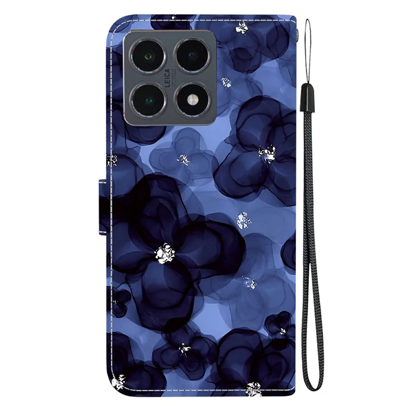 For Xiaomi 15T Wallet Case Pattern Printing Leather Stand Phone Cover with Strap - Ink Blue Flower