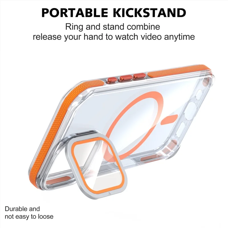 For iPhone 17 Magnetic Case TPU Acrylic Clear Phone Back Cover with Lens Protector Kickstand - Orange