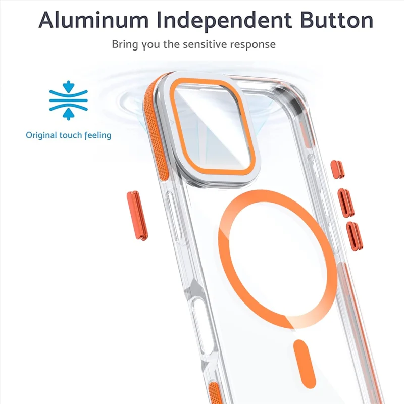 For iPhone 17 Magnetic Case TPU Acrylic Clear Phone Back Cover with Lens Protector Kickstand - Orange