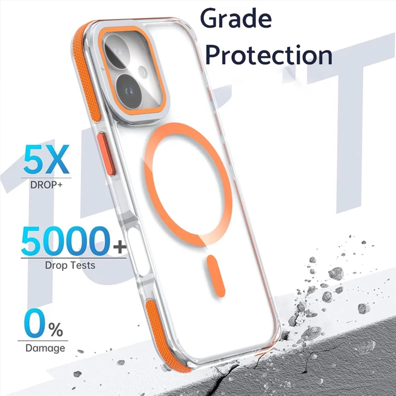 For iPhone 17 Magnetic Case TPU Acrylic Clear Phone Back Cover with Lens Protector Kickstand - Orange