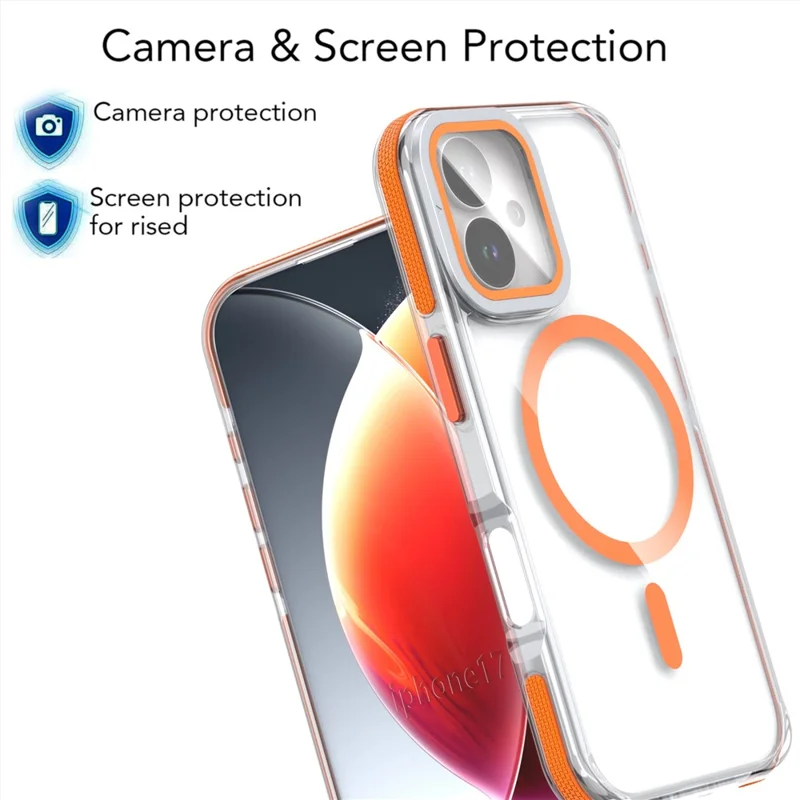 For iPhone 17 Magnetic Case TPU Acrylic Clear Phone Back Cover with Lens Protector Kickstand - Orange