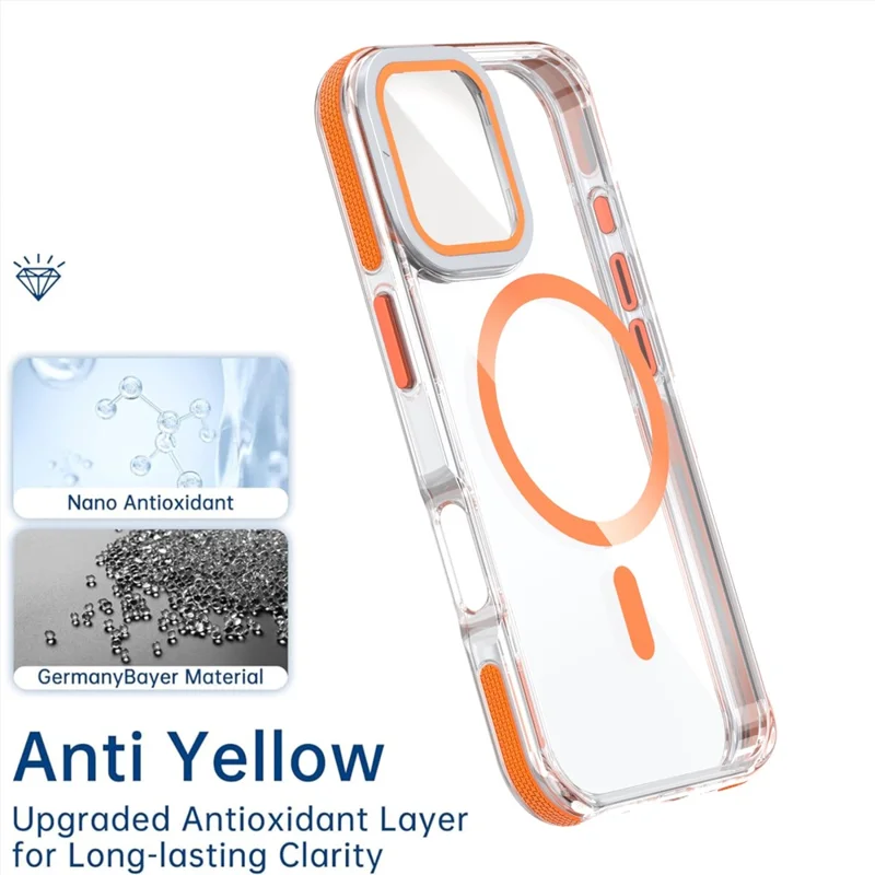 For iPhone 17 Magnetic Case TPU Acrylic Clear Phone Back Cover with Lens Protector Kickstand - Orange