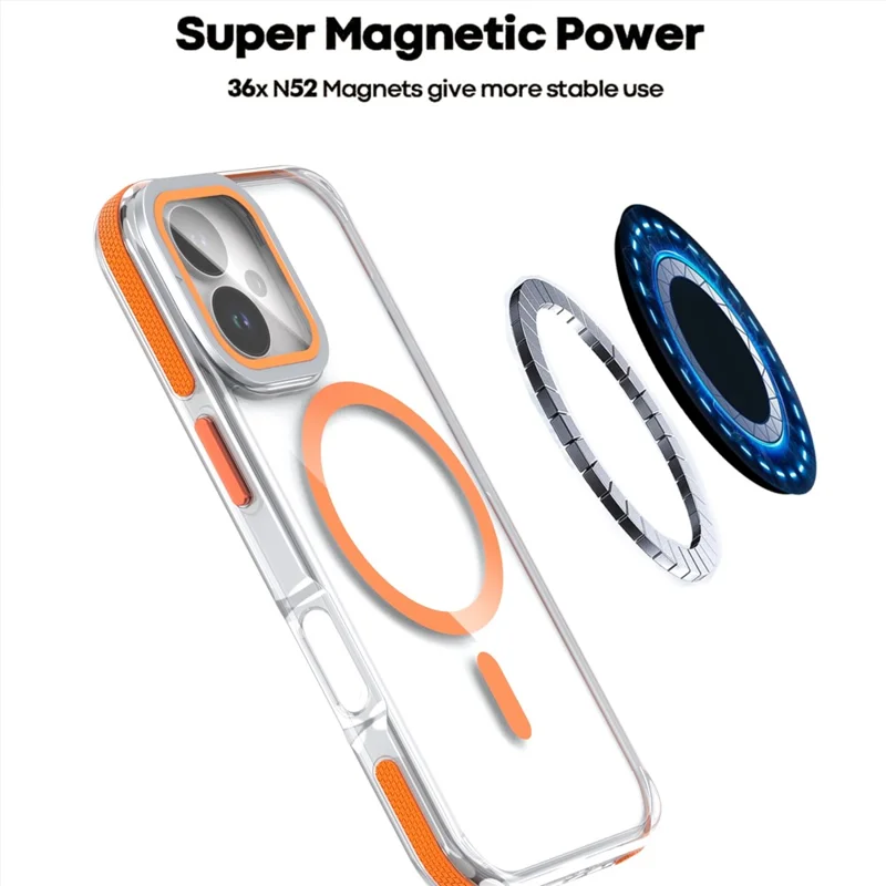 For iPhone 17 Magnetic Case TPU Acrylic Clear Phone Back Cover with Lens Protector Kickstand - Orange