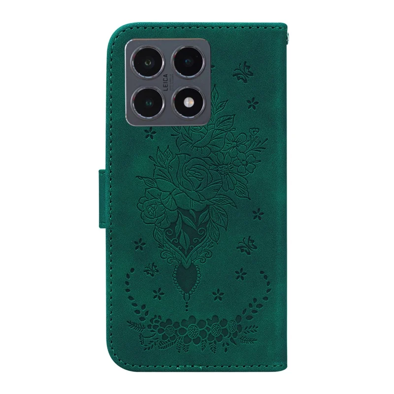 For Xiaomi 15T Case Butterfly Flower Imprint PU Leather Wallet Phone Cover with Strap - Green