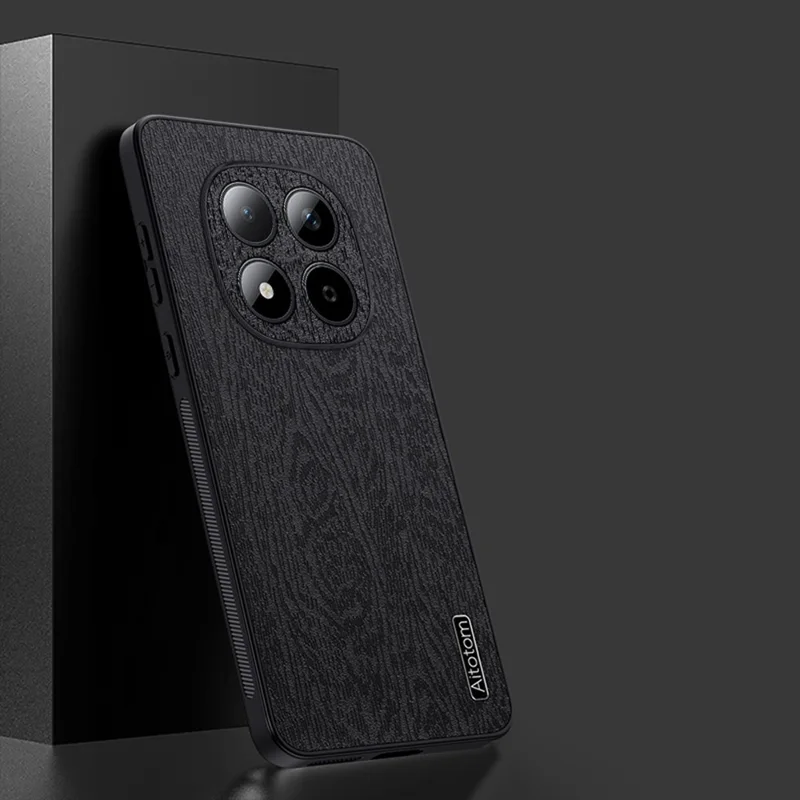 Étui Xiaomi Redmi Note 15 5G - Texture bois, revêtement en cuir PU, coque PC TPU - Noir