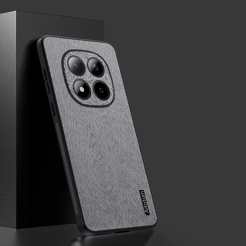 For Xiaomi Poco M8 5G / Redmi Note 15 5G (Global) Case Wood Texture PU Leather Coated PC TPU Phone Cover - Grey