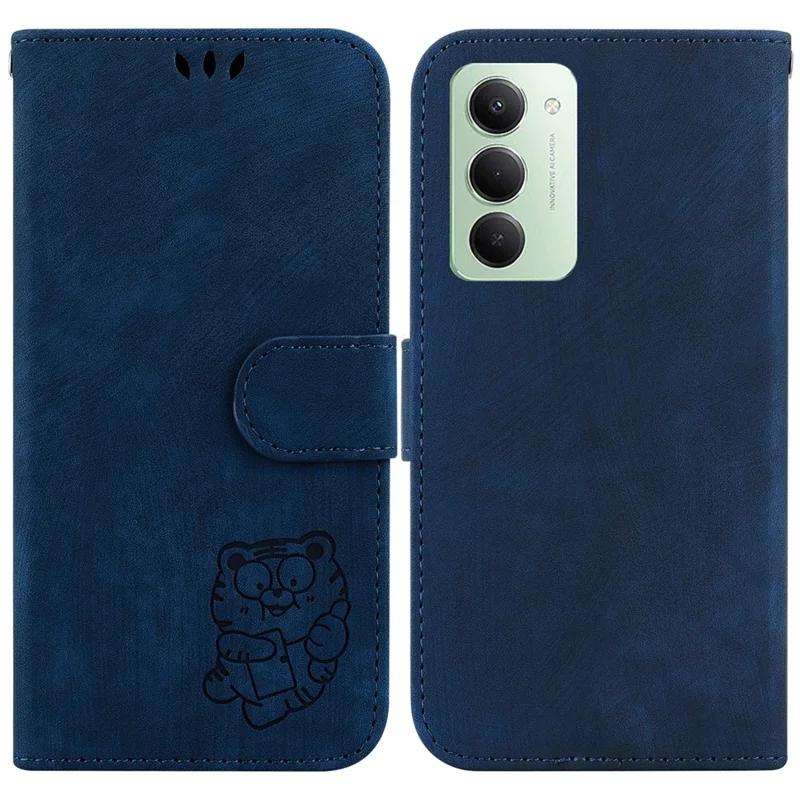 For Xiaomi Redmi 15 4G (EU) (171mm) Wallet Case Tiger Imprint Leather Shockproof Phone Cover with Wrist Strap - Dark Blue