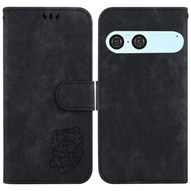 For Sony Xperia 10 VII Wallet Case Tiger Imprint Leather Shockproof Phone Cover with Wrist Strap - Black