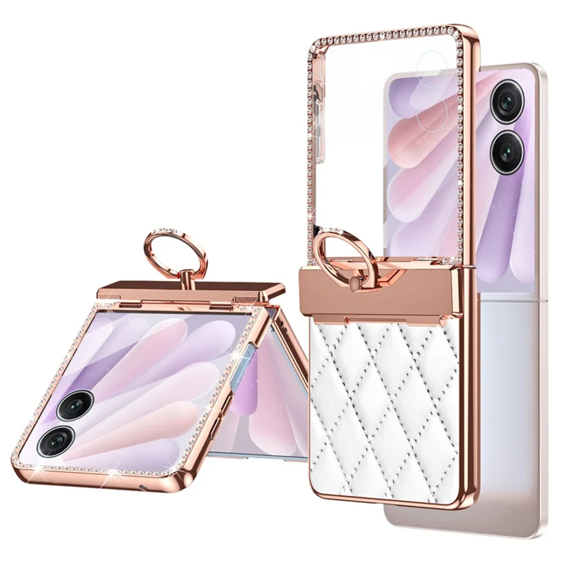 Capa para Honor Magic V Flip 2 com Suporte de Anel, Strass, Couro + Capa de PC com Película Protetora Traseira - Branco