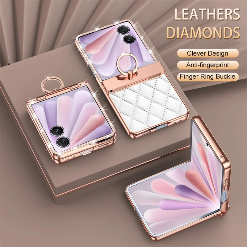 Capa para Honor Magic V Flip 2 com Suporte de Anel, Strass, Couro + Capa de PC com Película Protetora Traseira - Branco