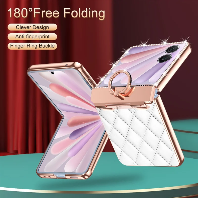 Capa para Honor Magic V Flip 2 com Suporte de Anel, Strass, Couro + Capa de PC com Película Protetora Traseira - Branco