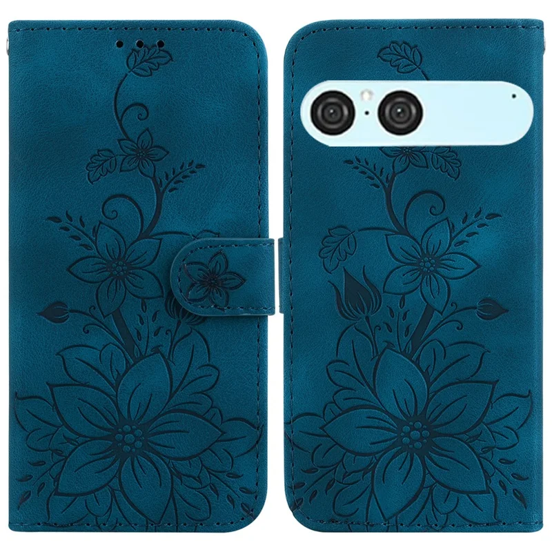 For Sony Xperia 10 VII Stand Case Lily Flower Imprint Leather Phone Cover with Wrist Strap - Dark Blue