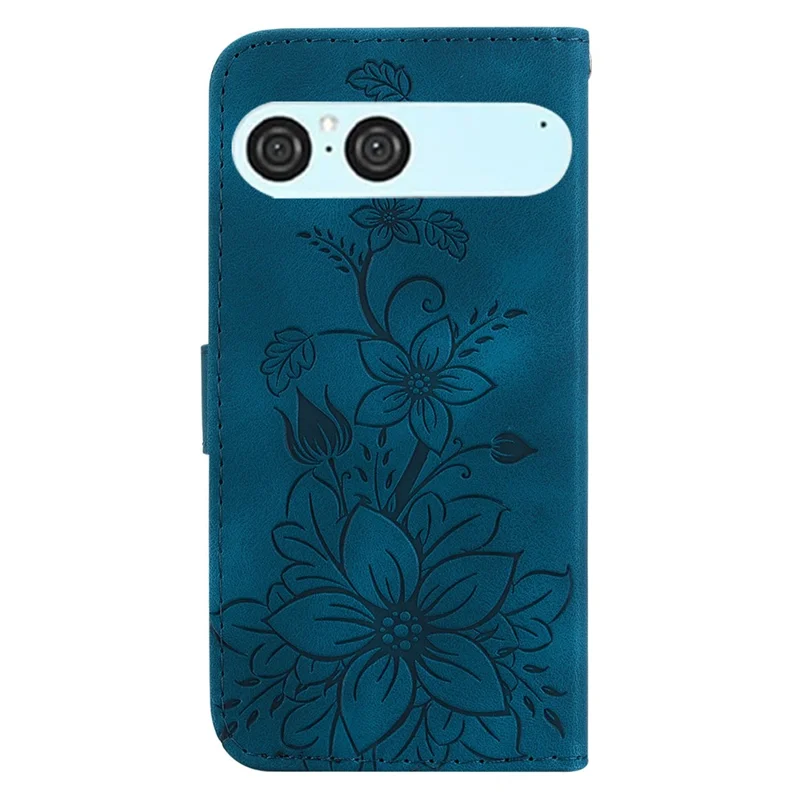 For Sony Xperia 10 VII Stand Case Lily Flower Imprint Leather Phone Cover with Wrist Strap - Dark Blue
