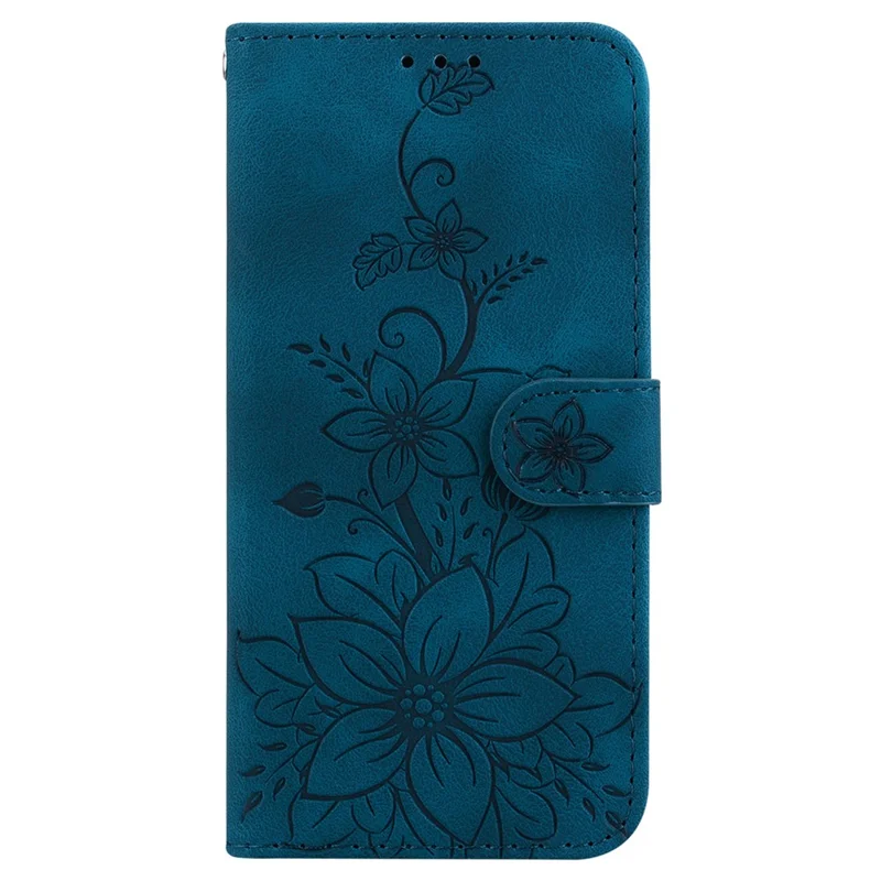 For Xiaomi 15T Stand Case Lily Flower Imprint Leather Phone Cover with Wrist Strap - Dark Blue
