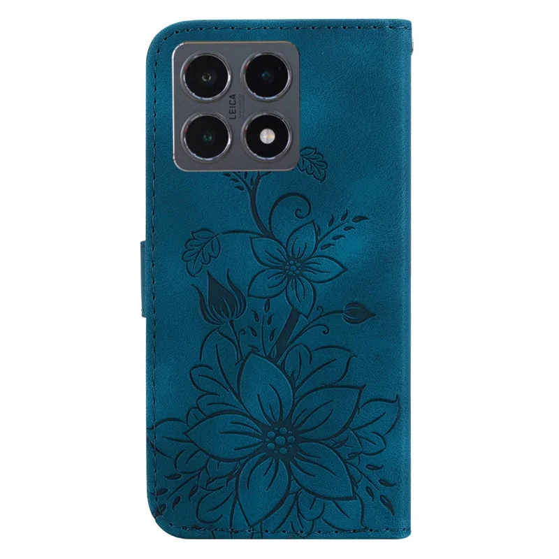 For Xiaomi 15T Stand Case Lily Flower Imprint Leather Phone Cover with Wrist Strap - Dark Blue