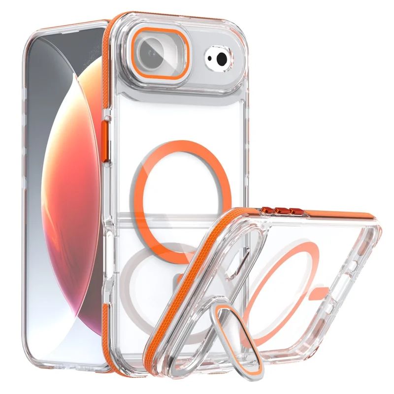 For iPhone Air Magnetic Case TPU Acrylic Clear Phone Back Cover with Lens Protector Kickstand - Orange