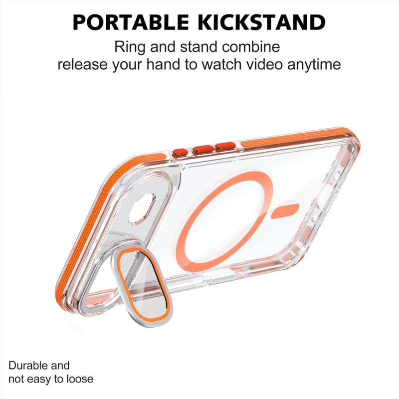 For iPhone Air Magnetic Case TPU Acrylic Clear Phone Back Cover with Lens Protector Kickstand - Orange