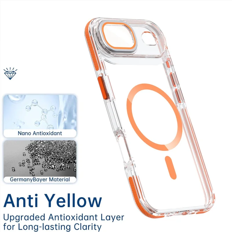 For iPhone Air Magnetic Case TPU Acrylic Clear Phone Back Cover with Lens Protector Kickstand - Orange