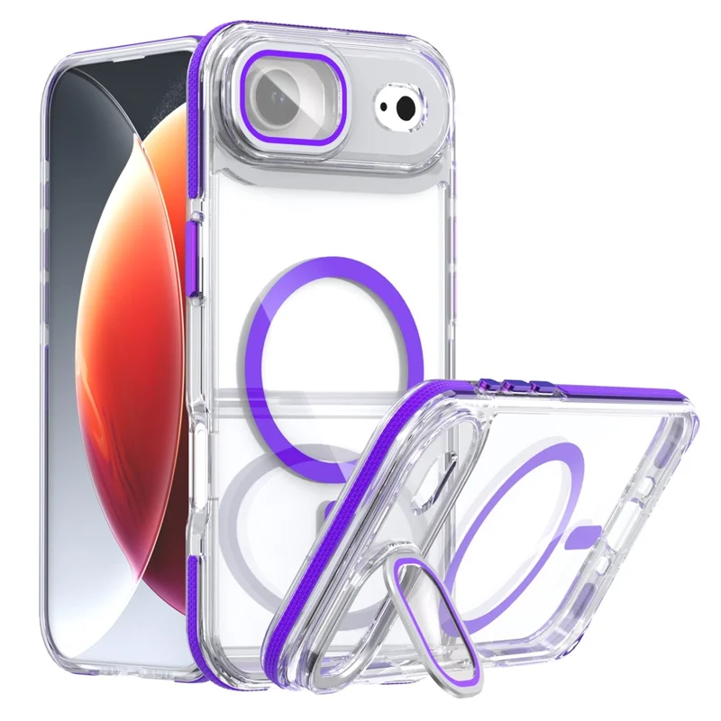 For iPhone Air Magnetic Case TPU Acrylic Clear Phone Back Cover with Lens Protector Kickstand - Purple