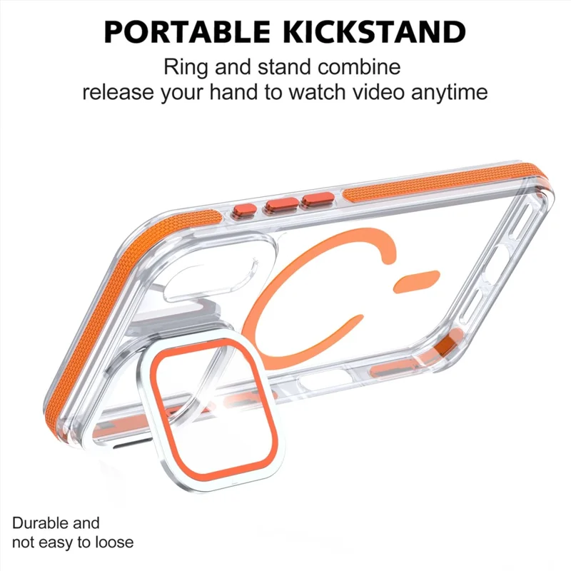 For iPhone 17 Pro Magnetic Case TPU Acrylic Clear Phone Back Cover with Lens Protector Kickstand - Orange