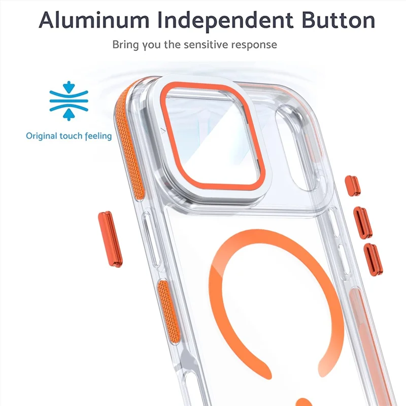 For iPhone 17 Pro Magnetic Case TPU Acrylic Clear Phone Back Cover with Lens Protector Kickstand - Orange