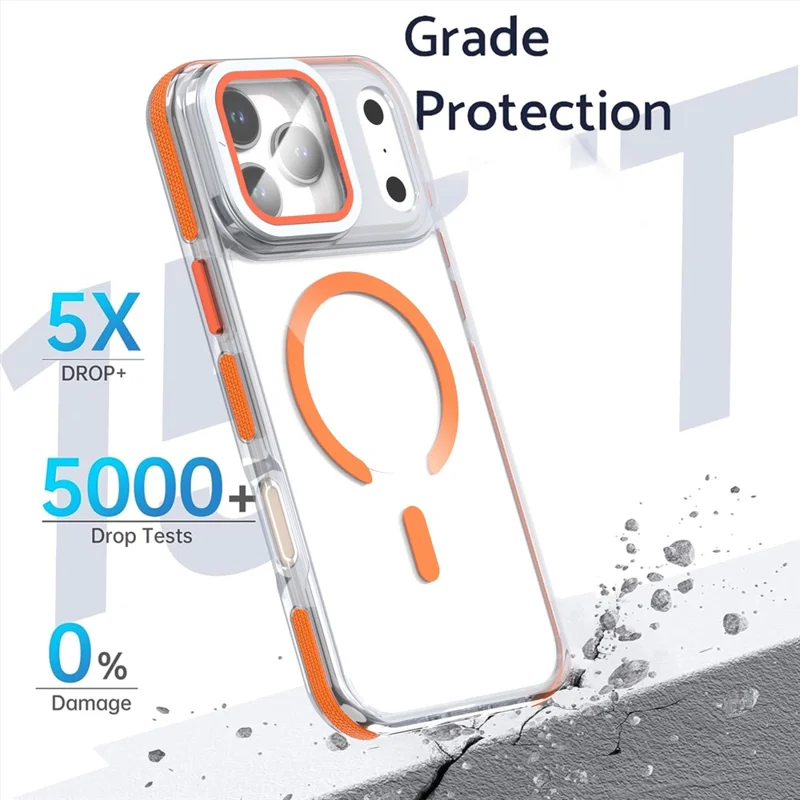 For iPhone 17 Pro Magnetic Case TPU Acrylic Clear Phone Back Cover with Lens Protector Kickstand - Orange