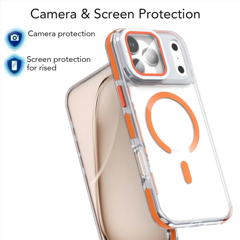 For iPhone 17 Pro Magnetic Case TPU Acrylic Clear Phone Back Cover with Lens Protector Kickstand - Orange