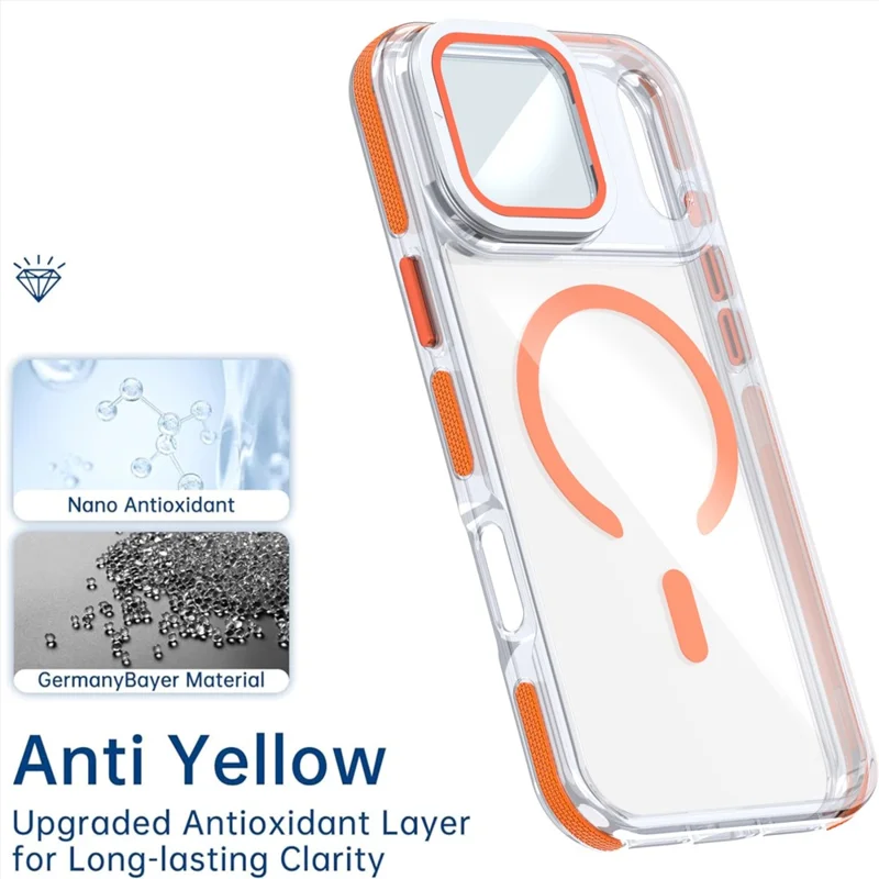 For iPhone 17 Pro Magnetic Case TPU Acrylic Clear Phone Back Cover with Lens Protector Kickstand - Orange