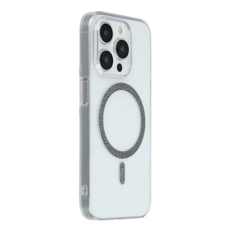 Capa Magnética para iPhone 14 Pro Max com Anel de Glitter 1,5 mm Capa de Telefone Rígida de PC Transparente - Preta