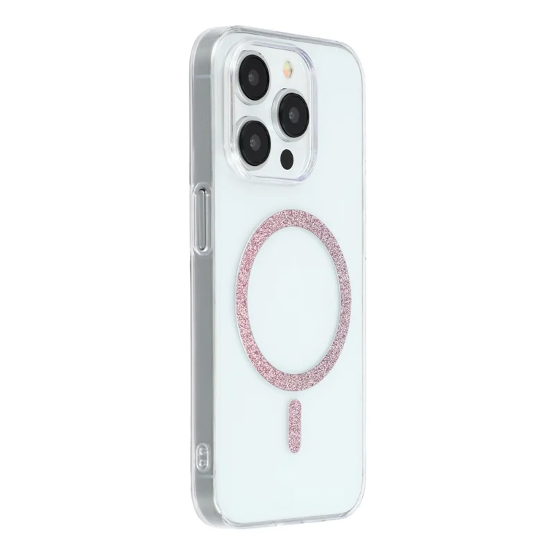 For iPhone 14 Pro Max Magnetic Case Glitter Ring 1.5mm Hard PC Clear Phone Cover - Pink