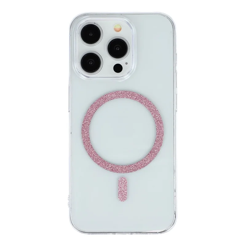 For iPhone 14 Pro Max Magnetic Case Glitter Ring 1.5mm Hard PC Clear Phone Cover - Pink
