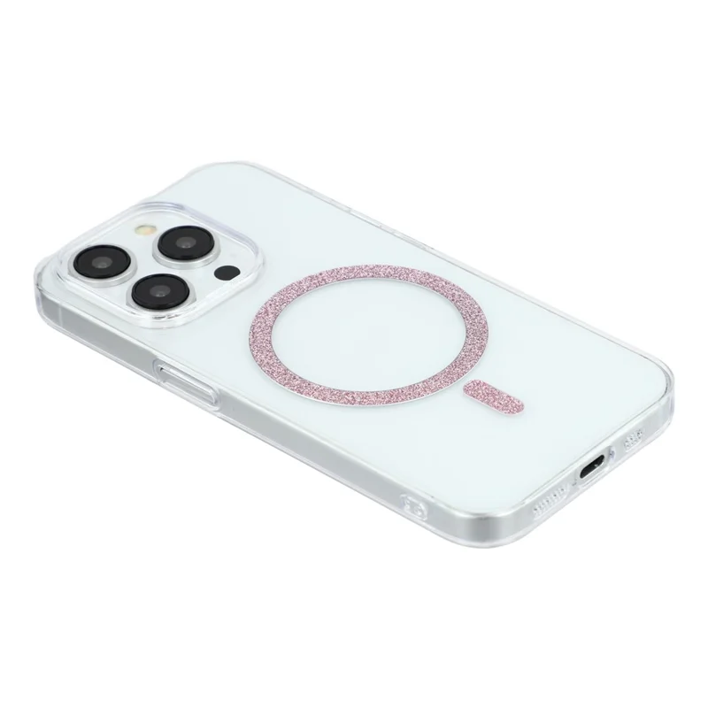 For iPhone 14 Pro Max Magnetic Case Glitter Ring 1.5mm Hard PC Clear Phone Cover - Pink